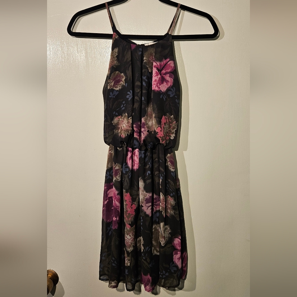 Peach Royal Floral Halter Dress Open-Back Keyhole Black Pink Purple Small Womens